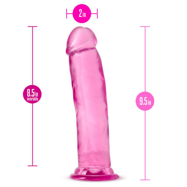 B Yours Plus Thrill N Drill Pink Dildo by Blush Novelties, 9.5 inches with 8.5 inches insertable length, realistic and harness-compatible.