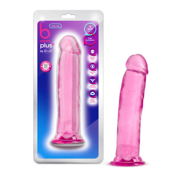 B Yours Plus Thrill N Drill Pink Dildo by Blush Novelties in package and standing upright
