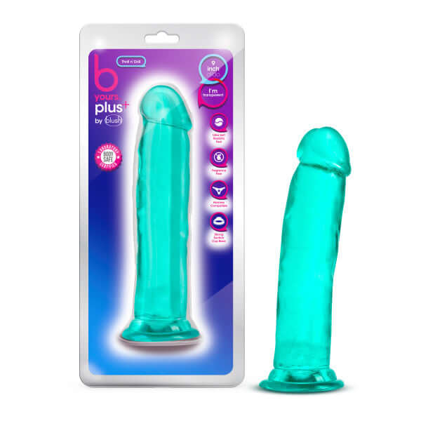 B Yours Plus Thrill N Drill Teal Dildo in packaging and product display from Blush Novelties, featuring a soft feel and crystal-like look.