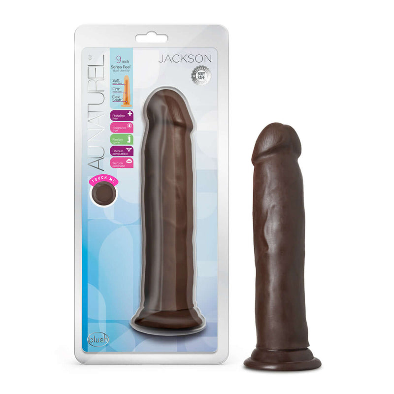 Au Naturel Jackson 9 inches Dong Chocolate Dark Brown with ultra realistic Sensa Feel layers and Flexi Shaft technology in packaging