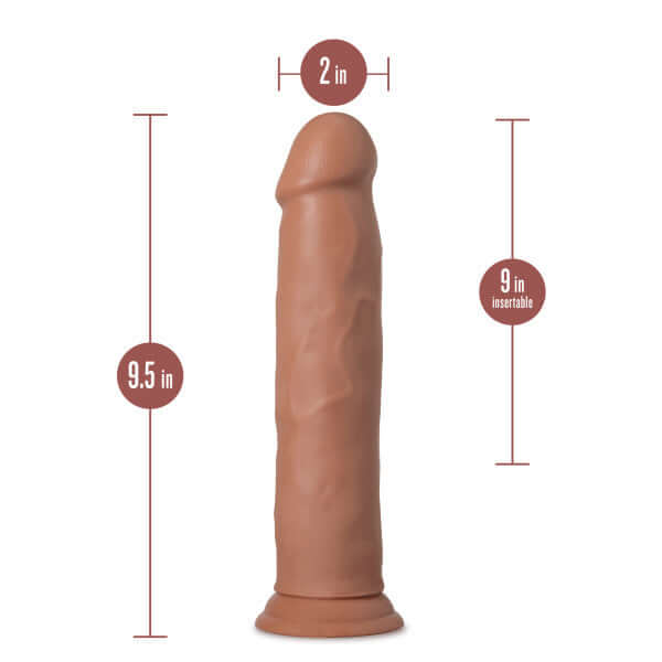 Au Naturel Big Billy 9-inch Mocha Dildo with Sensa Feel and Flexi Shaft by Blush Novelties, shown with measurements.