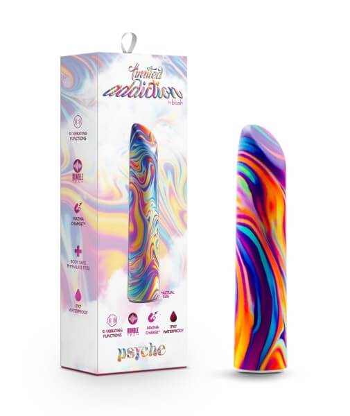 Limited Addiction Psyche Power Vibe Rainbow vibrator by Blush Novelties with colorful design and packaging for ultimate pleasure experience