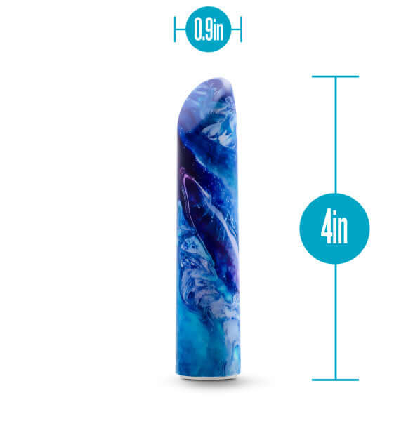 Limited Addiction Mesmerize Power Vibe Azure vibrator 4 inches long and 0.9 inches wide with blue and purple design.
