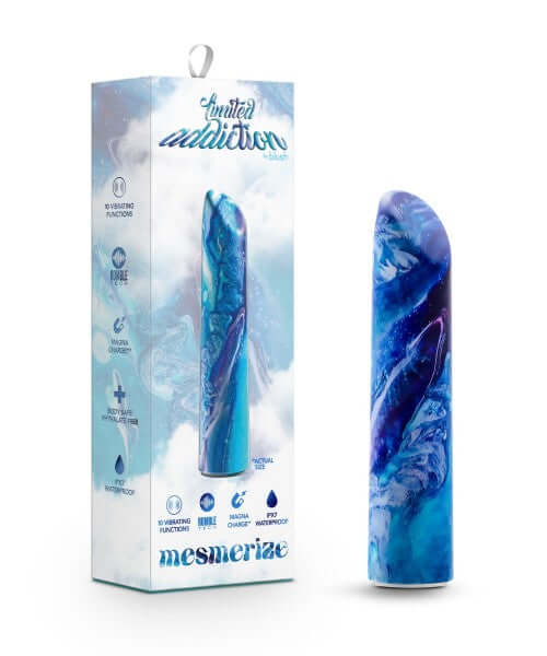 Limited Addiction Mesmerize Power Vibe Azure in packaging from Blush Novelties. Enjoy 10 deep vibrations with the sleek, colorful design.