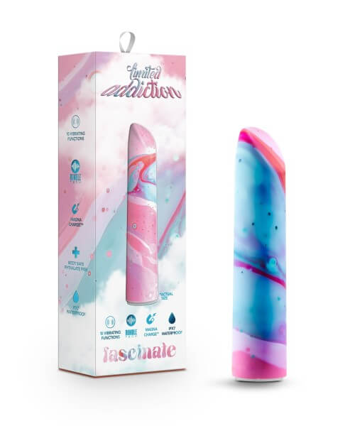 Limited Addiction Fascinate Power Vibe Coral Vibrator with packaging, featuring colorful design and 10 deep vibrations.