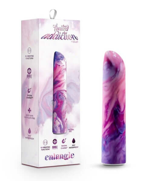 Limited Addiction Entangle Power Vibe Lilac vibrator with packaging from Blush Novelties featuring 10 vibration settings and Rumble Tech motor.