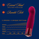 Oh My Gem Classy Garnet Red Vibrator with curved head for G-spot stimulation and rumble tech, featuring 5 speeds and 5 unique rhythms.
