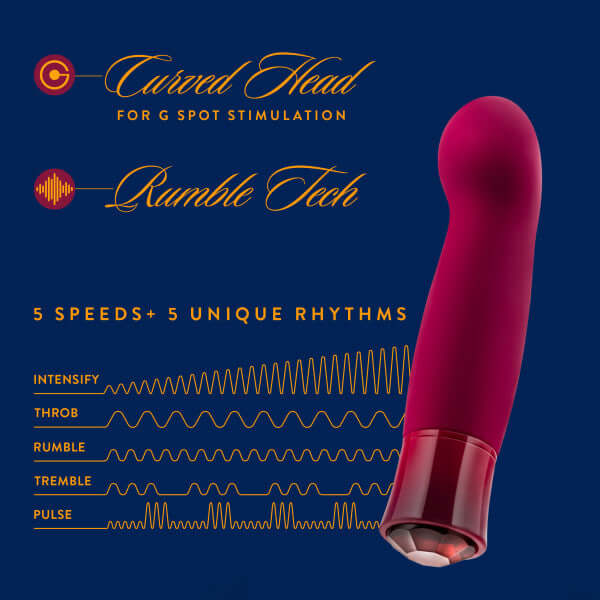 Oh My Gem Classy Garnet Red Vibrator with curved head for G-spot stimulation and rumble tech, featuring 5 speeds and 5 unique rhythms.