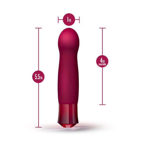 Oh My Gem Classy Garnet Red Vibrator with dimensions displayed, 5.5 inches total length, 4 inches insertable, and 1 inch width.