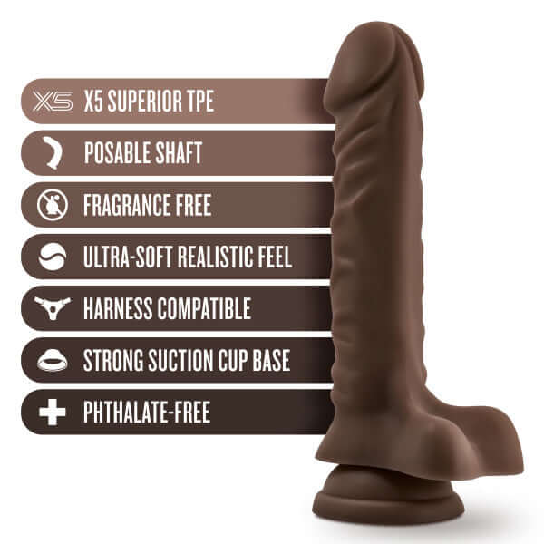 Dr. Skin Plus 9 inch posable dildo in dark brown with label features: X5 Superior TPE, Poseable Shaft, Fragrance Free, Harness Compatible, Suction Cup Base