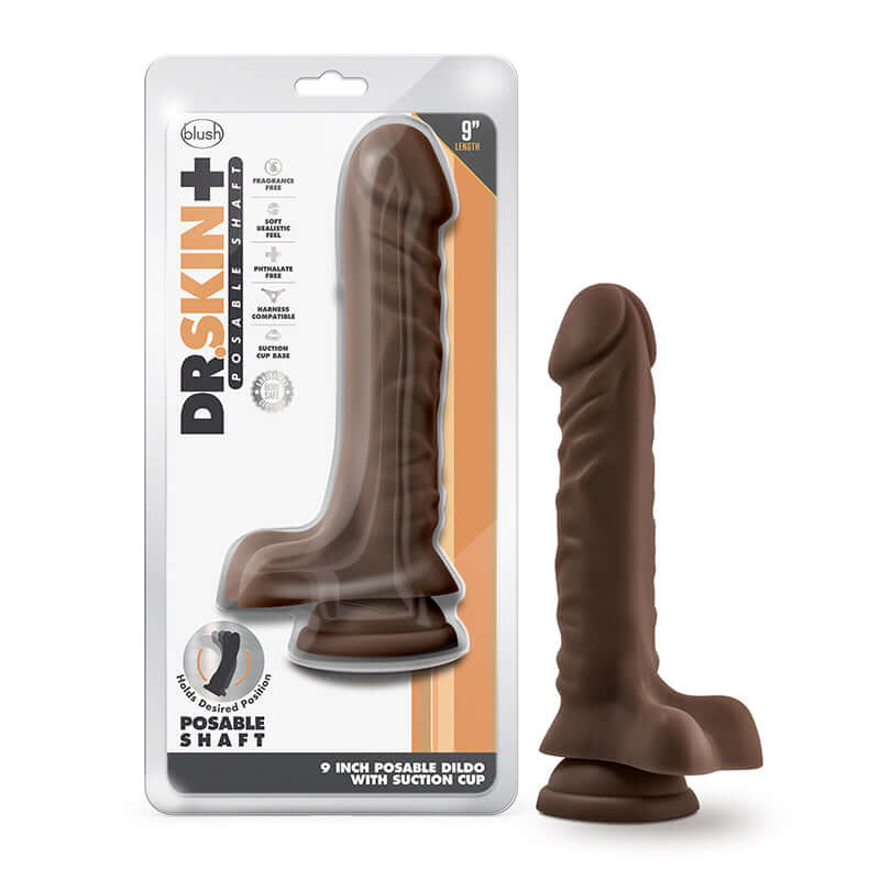 Dr. Skin Plus 9 inch posable dildo with balls in dark brown skin tone, product packaging and standalone view.