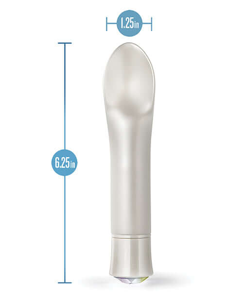 Oh My Gem Bold Diamond Silver Vibrator from Blush Novelties with scooped shape and dimensions of 6.25 inches length and 1.25 inches width