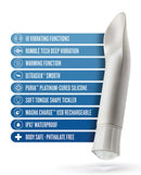 Oh My Gem Bold Diamond Silver Vibrator features and specifications list with 10 vibrating functions, deep vibration, warming, and more benefits.