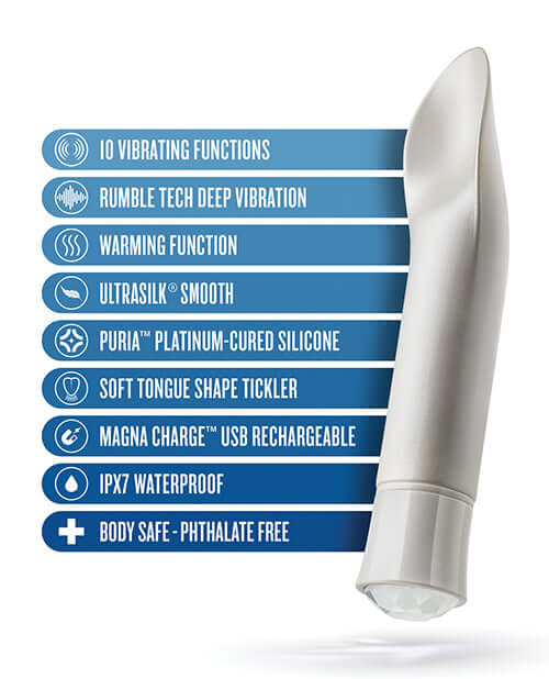 Oh My Gem Bold Diamond Silver Vibrator features and specifications list with 10 vibrating functions, deep vibration, warming, and more benefits.