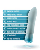 Oh My Gem Ardor Aquamarine Blue Rechargeable Vibrator features and benefits, including 10 vibrating functions and waterproof design.