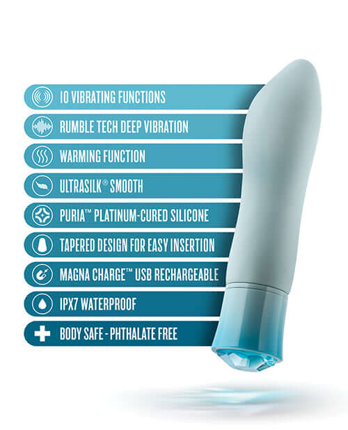 Oh My Gem Ardor Aquamarine Blue Rechargeable Vibrator features and benefits, including 10 vibrating functions and waterproof design.
