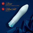 Oh My Gem Ardor Aquamarine Blue Rechargeable Vibrator on blue fabric, featuring Lushia platinum-cured silicone and UltraSilk smooth finish.