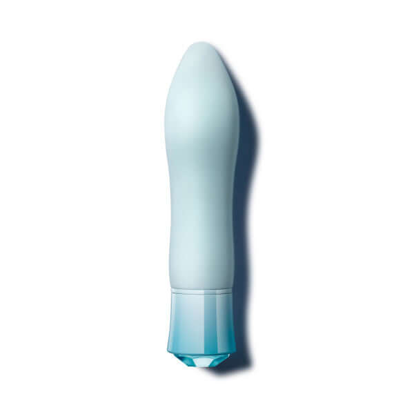 Oh My Gem Ardor Aquamarine Blue Rechargeable Vibrator by Blush Novelties shown in profile view with a tapered end and bulbous head.