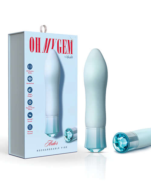 Oh My Gem Ardor Aquamarine Blue Rechargeable Vibrator by Blush Novelties, ideal for internal and external stimulation with 10 powerful settings.
