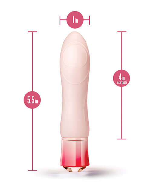 Oh My Gem Elegant Morganite Pink Vibrator with dimensions - 5.5 inches length, 4 inches insertable, 1 inch width.