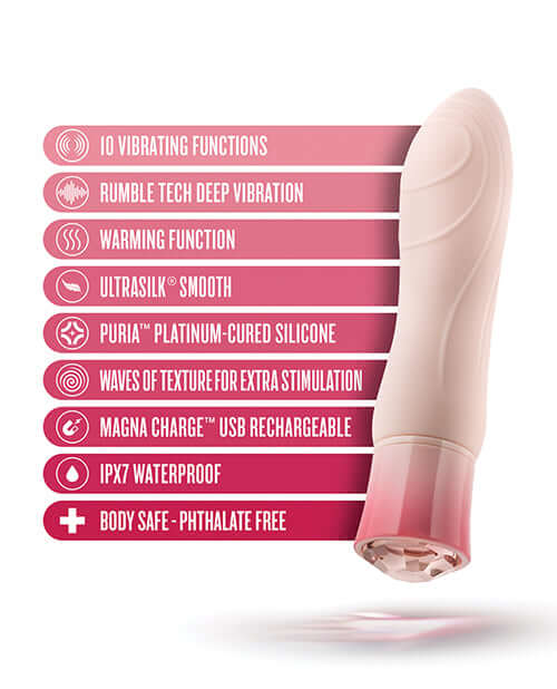 "Oh My Gem Elegant Morganite Pink Vibrator features including vibrating functions, deep vibration, warming, smooth texture, waterproof and body-safe silicone"