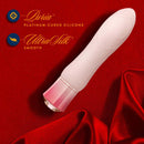 Oh My Gem Elegant Morganite Pink Vibrator on red cloth showing Luvia platinum-cured silicone and UltraSilk smooth texture features