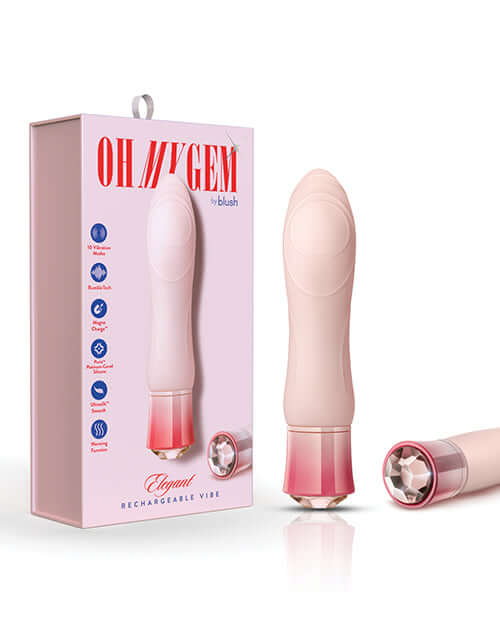 Oh My Gem Elegant Morganite Pink Vibrator by Blush Novelties in front of its packaging, featuring a sleek design for self-care and pleasure.