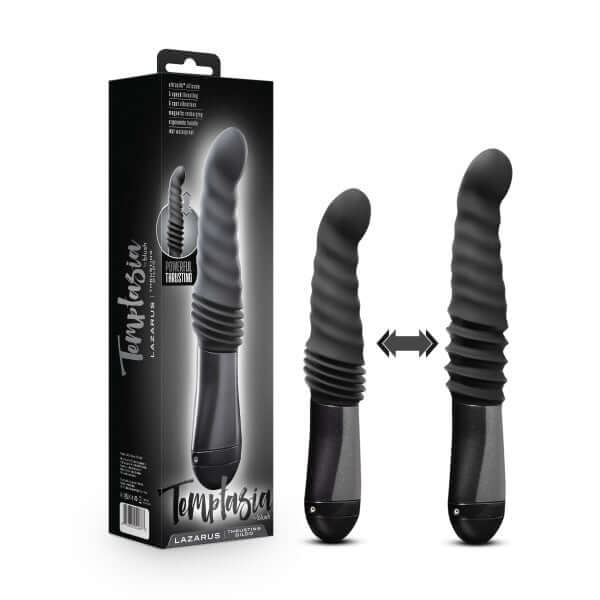 Temptasia Lazarus Thrusting Dildo Black with packaging, showcasing ergonomic handle and curved shaft for versatile pleasure options