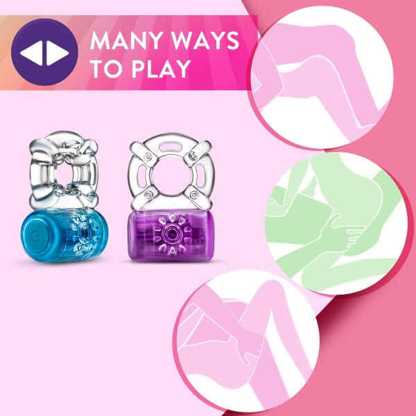 Play With Me One Night Stand Vibrating C-Ring Blue and Purple showcasing multiple uses with illustrations