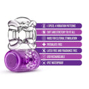 Play With Me Pleaser Rechargeable C-Ring - Purple with listed features including 5 speeds, stretchy fit, clitoral nubs, and USB rechargeable.