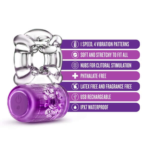 Play With Me Pleaser Rechargeable C-Ring - Purple with listed features including 5 speeds, stretchy fit, clitoral nubs, and USB rechargeable.