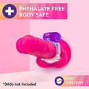 Purple Play With Me Pleaser Rechargeable C-Ring on pink dildo, highlighting phthalate-free, body-safe, soft, and stretchy features.