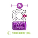 Play With Me Pleaser Rechargeable C-Ring in purple, stretchable up to 6 inches with dimensions showing 1.5 inches width and 0.5 inch depth