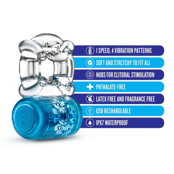 Play With Me Pleaser Rechargeable C-Ring by Blush Novelties features 1 speed, 4 vibration patterns, is USB rechargeable, soft, stretchy, and waterproof.