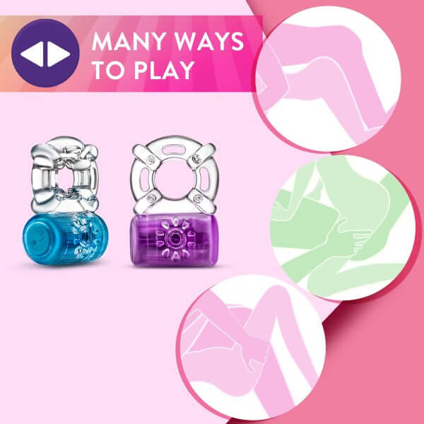 Play With Me Pleaser Rechargeable C-Ring by Blush Novelties highlighting multiple ways to use the versatile vibrating cock ring for couples.