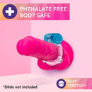 Play With Me Pleaser Rechargeable C-Ring on dildo, phthalate-free, body-safe, soft stretchy material, not included.
