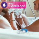 Couple enjoying a bath with Play With Me Pleaser Rechargeable C-Ring featuring IPX7 waterproof rating.