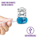 Hand holding USB rechargeable Play With Me Pleaser Rechargeable C-Ring by Blush Novelties, showing charge time of 60 minutes and run time of 50 minutes