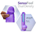 Neo 8 inches Dual Density Dildo in Neon Purple highlighting ultrasoft, firm core and Sensa Feel for lifelike texture and strong suction base