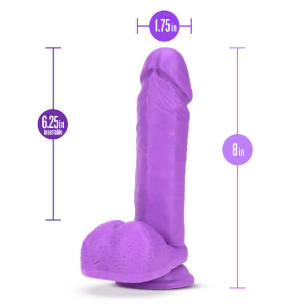 Neo 8 inches Dual Density Dildo Neon Purple with Suction Cup Base and Sensa Feel Technology from Blush Novelties, shown with measurements