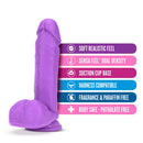 Neo 8 inches Dual Density Dildo in neon purple with suction cup base, harness compatibility, and soft realistic feel features.