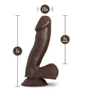 Ultra-realistic 6-inch dark brown dildo with detailed measurements from Blush Novelties, including 1.5-inch width and 5-inch insertable length.