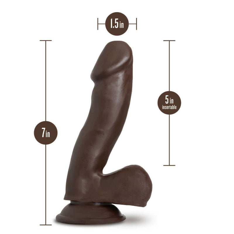 Ultra-realistic 6-inch dark brown dildo with detailed measurements from Blush Novelties, including 1.5-inch width and 5-inch insertable length.