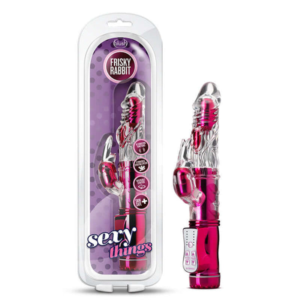 Sexy Things Frisky Rabbit Vibrator Pink in packaging from Blush Novelties, featuring multiple vibration settings and flickering bunny ears.