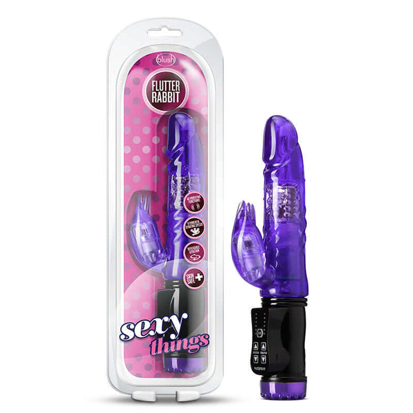 Sexy Things Flutter Rabbit Vibrator in purple with packaging, featuring reversible gyrating shaft and flickering clitoral pleaser, from Blush Novelties.