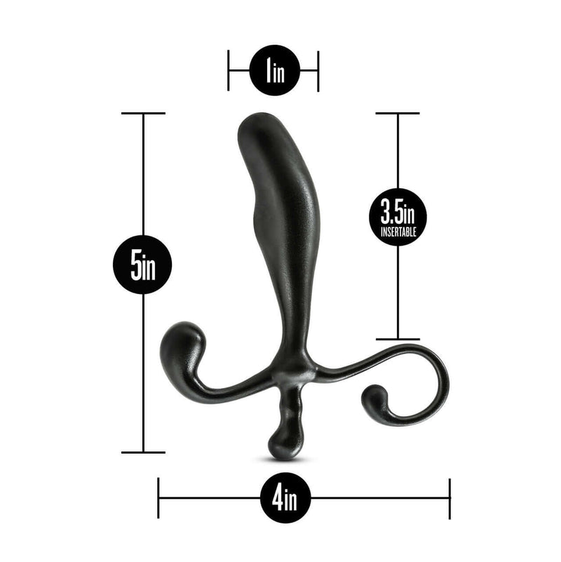 Anal Adventures Prostate Stimulator - Black, with Dimensions shown: 5in length, 1in width, 3.5in insertable, 4in handle width.