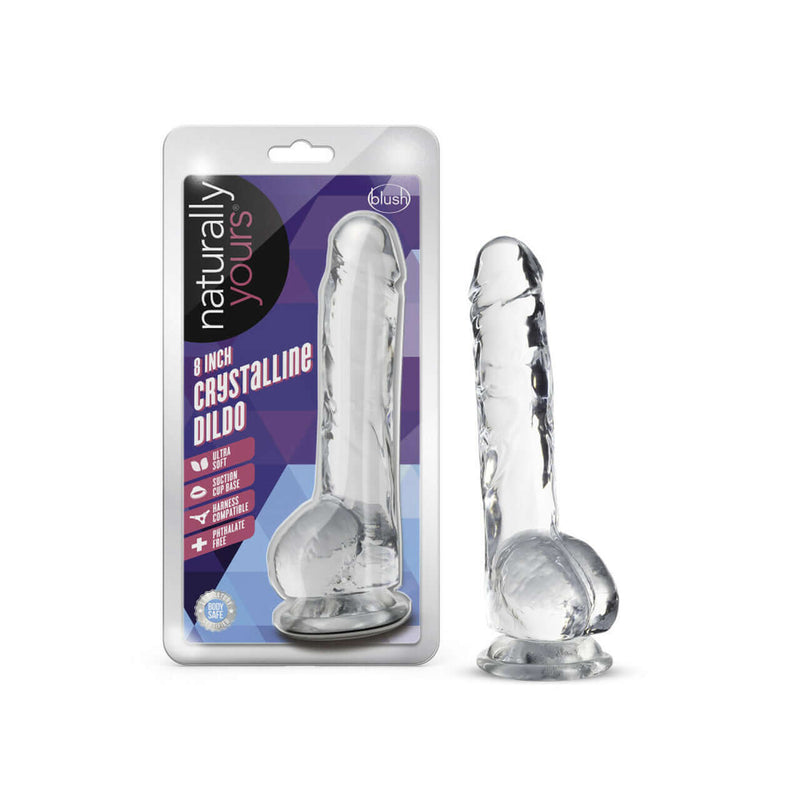 Naturally Yours 8-Inch Diamond Crystalline Dildo by Blush Novelties with packaging, realistic design and clear finish.
