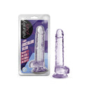 Naturally Yours 7 inch Amethyst Crystalline Dildo with suction cup base in transparent purple packaging.