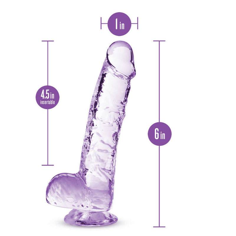 Naturally Yours 6 inches Amethyst Crystalline Dildo with measurements, hand sculpted, lifelike, and suction cup base from Blush Novelties