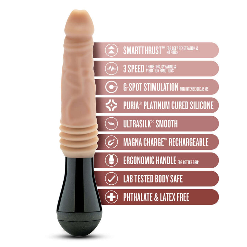 Blush Novelties Dr. Knight 10.5-Inch Thrusting Gyrating Vibrating Dildo with Smart Thrust Technology and ergonomic handle